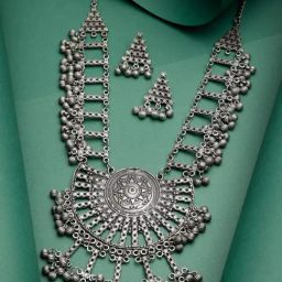 Moedbuille Ghungru Studded Tribal Design Oxidised Silver Plated Handcrafted Tasselled Jewellery Set-image-97