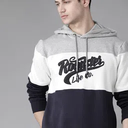 Roadster Men Navy Blue & White Colourblocked Hooded Sweatshirt-image-8
