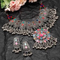 Moedbuille Handcrafted Meenakari Work Tribal Tasselled Design Oxidised Silver Plated Jewellery Set-image-65