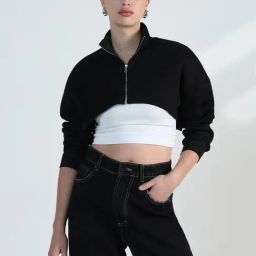 Showoff Black Cotton Relaxed Fit Crop Top With Inner Tank Top-image-49