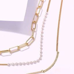 OOMPH Gold Tone Multi Layer Pearls Link Chain Necklace For Women-12