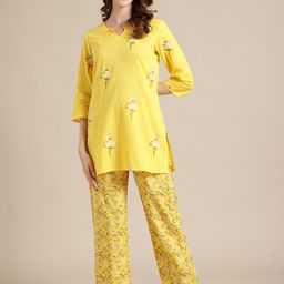 Varanga Women Yellow Printed Kurti with Pyjamas-image-26