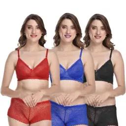 AROUSY Red & Blue Self Pattern Bra Panty Set - Pack Of 3-image-92
