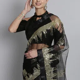 HERE&NOW Black & Golden Sequinned Net Saree-16
