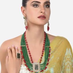 Zaveri Pearls Green Maroon Multistrand Bridal Kundan Necklace Earring Maangtikka Ring Set-ZPFK14385-image-68