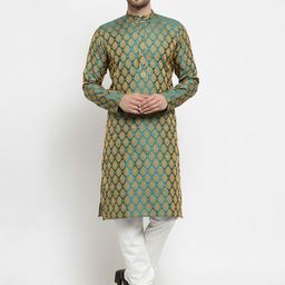 Jompers Men Sea Green & Gold-Coloured Self Design Kurta with Churidar-image-20