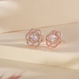 DressBerry Rose Gold-Plated American Diamond Studded Floral Shaped Studs-12