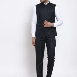 Wintage Men Navy Blue Solid Single-Breasted Bandhgala Formal Two-Piece Suit-image-87