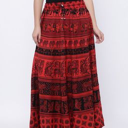 SOUNDARYA Red & Black Ethnic Print Maxi Pure Cotton Skirt-24