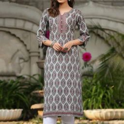 Rain and Rainbow Grey Cotton Printed Straight Kurta-picture-26