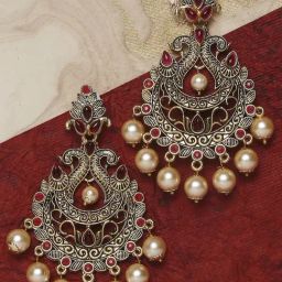 OOMPH Jewellery Red Kemp Stone & Pearls Peacock Design Chand Bali-38