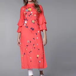 Vishudh Women Coral Floral Print Straight Kurta-image-71