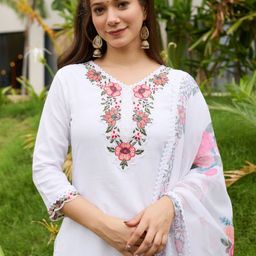 HERE&NOW Women Floral Embroidered Regular Kurta with Trousers & With Dupatta-picture-12
