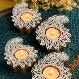 Peepul Tree Brown & White 4 Pieces Textured Wooden Flower Candle Holders-8