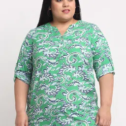 plusS Plus Size Green Floral Print Mandarin Collar Roll-Up Sleeves Top-14
