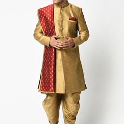 DEYANN Men Gold Woven Design Dupion Silk Sherwani with Dhoti Pants & Dupatta-image-53