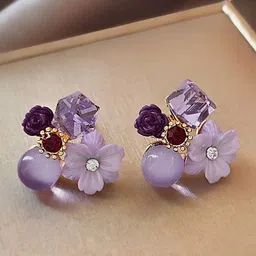 FIMBUL Gold-Plated Artificial Stones Studded and Beaded Floral Studs-31