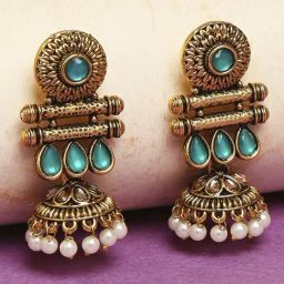 OOMPH Jewellery Antique Gold Tone Green Stones with Beads Ethnic Jhumki-14