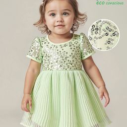 Babyoye Woven Half Sleeves Party Wear Frock With Sequin Detailing - Green-picture-48