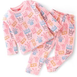 Babyhug Interlock Full Sleeves Winterwear Nightsuit with Crown Printed - Pink-picture-28