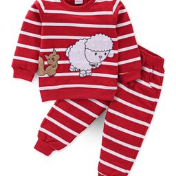 Babyhug 100% Cotton Knit Full Sleeves T-Shirt & Lounge Pant With Sheep & Cat Embroidery - Red & White-picture-11