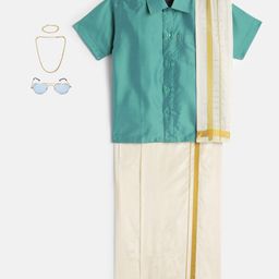 THANGAMAGAN Viscose Half Sleeves Solid Shirt With Mundu & Angavastram With Freebies Set - Light Sky Blue-image-33