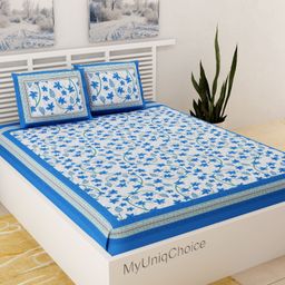 UniqChoice 100 Percent Cotton Jaipuri Traditonal Double BedSheet With 2 Pillow Cover - Blue-image-30