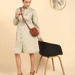 Zelena  100% Cotton Full Sleeves Floral Printed Maternity Dress With Button Closure Nursing Access - Beige-image-6