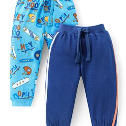 Babyhug Cotton Knit Full Length Lounge Pants With Tape Detail & Skateboarding Print Pack Of 2 - Light Blue & Navy Blue-image-88