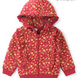 Babyoye 100% Cotton Full Sleeves Hooded SweatJacket with Frill Detailing & Floral Print - Dark Red-picture-32