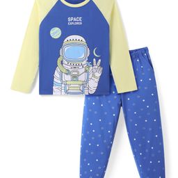 Honeyhap Premium 100% Cotton Knit Full Raglan Sleeves Night Suit Astronaut Print - Lapis Blue & Pale Lime Yellow-picture-26