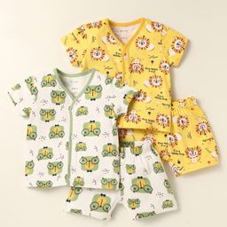OHMS Single Jersey Knit Half Sleeves Co-ords Shorts Night Suit with Animal Print Pack of 2 - Yellow & White-image-40