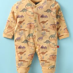 Mini Taurus Cotton Knit Full Sleeves Footed Romper with Dino Print - Peach-image-30