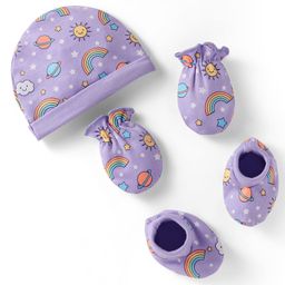 Babyhug Interlock Knit Cap Mittens & Booties Set with Space Theme Prints Lavender- Diameter 9.5 cm-image-31