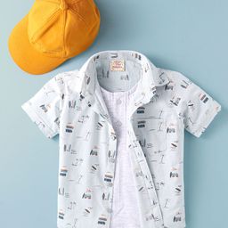 Rikidoos Half Sleeves Bus Printed Shirt With Attached Tee & Cap - Light Grey & Melange-image-94