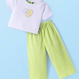 Tiara Cotton Rib Half Sleeves Heart Patch Detailed Beads Embellished Crop Top With Solid Palazzo - Lime Green-image-32
