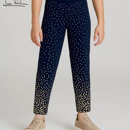 Arias Cotton Elastane Knit Full Length Leggings With Foil Print & Elasticated Waist - Navy Blue-image-76