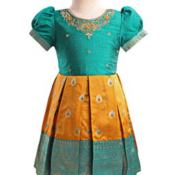 Enfance Silk Half Puffed Sleeves Ethnic Motif Embroidered & Printed Pattu Pavadai Dress -Yellow-image-14