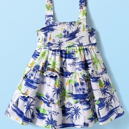 Babyhug Rayon Woven Sleeveless Beach Theme Printed Frock with Smocking - White-image-84