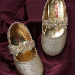 Mine Sole Bow Applique Detailed Shimmered & Stones Embellished Mary Jane Ballerinas With Velcro Closure - Gold-image-18