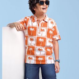Ollington St. Cotton Knit Tree Printed Polo T-Shirt & Stretchable Denim Shorts Set - Orange & Blue-image-1