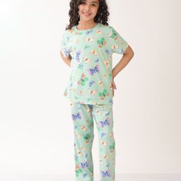 Anthrilo Cotton Knit Half Sleeves Butterflies Printed Coordinating Night Suit Set - Green-image-99