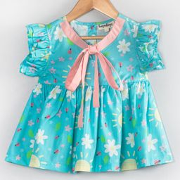 Hugsntugs Cotton Frill Sleeves Floral Printed Top - Turquoise-image-72