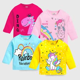 KUCHIPOO Cotton Blend Mickey & Friends Featuring Pack Of 4 Full Sleeves Characters Rainbow & Unicorn Printed Tees - Yellow Pink Sky Blue & Magenta-image-91
