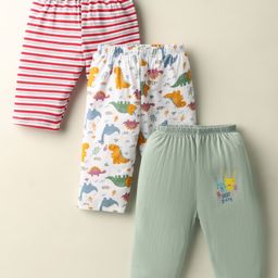 OHMS Single Jersey Knit Full Length Lounge Pant With Stripes & Dino Print Pack Of 3 - White Red & Light Green-image-25