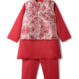 Babyhug Woven Full Length Kurta Pajama Set With Printed Jacket - Red-image-113
