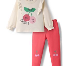 Bonfino 100% Cotton Knit Full Sleeves T-Shirt & Leggings Set With Cherry Print - Ivory & Red-image-86