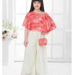 Tiny Kingdom Georgette Woven Cold Shoulder Floral Printed & Sequins Embellished Cape Top & Palazzo With Sling Bag - Orange-image-86
