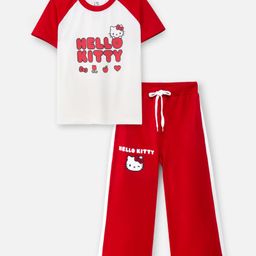 Nap Chief Cotton Knit Hello Kitty Featuring Half Raglan Sleeves Character Printed Relaxed Fit Tee & Trousers Set - White & Red-image-63