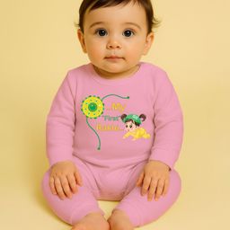 The Peppy Tend 100% Cotton Knit Raksha Bandhan Theme Full Sleeves My First Rakhi Text Printed Romper - Pink-image-13